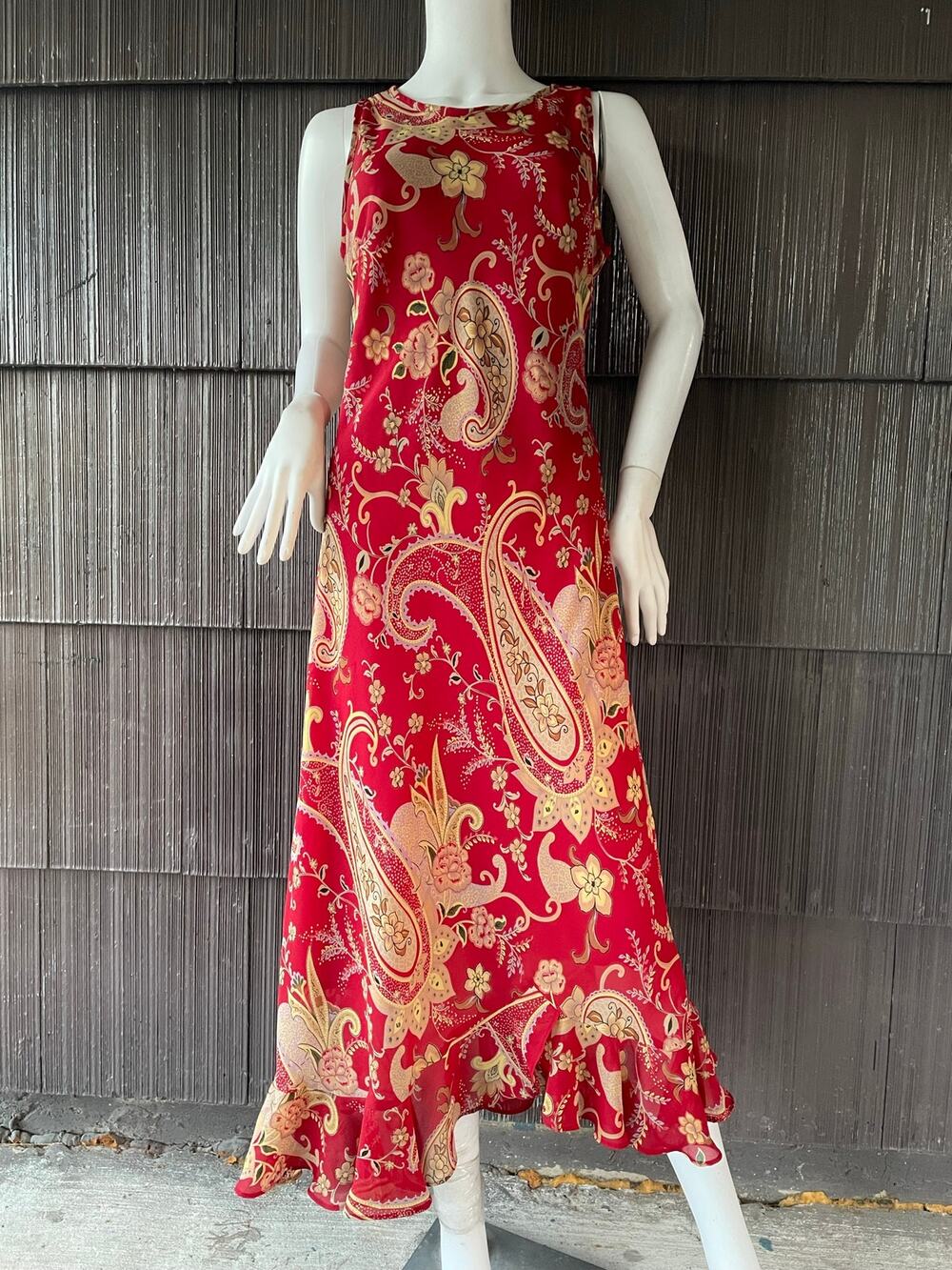 🔥VTG 90s Y2K Darian Red Paisley Chiffon Asymmetrical Maxi Dress Romantic Boho
